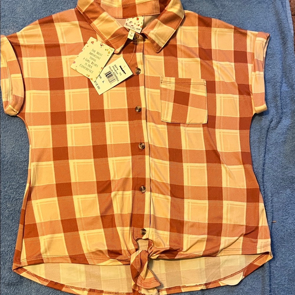 Belle Du Jour Girls Peach and Cream Plaid Shirt.